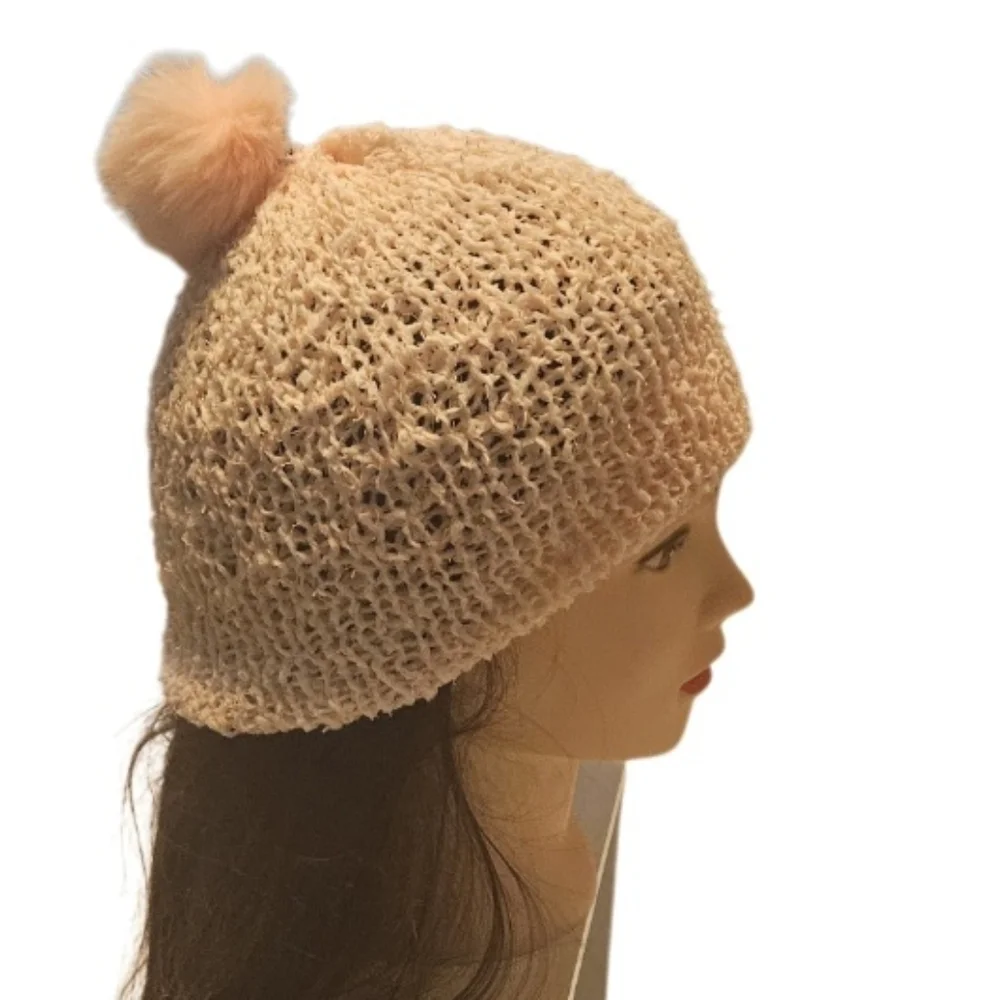 Hand Crafted Crochet pom pom beanie pink Paper Lace 73% Nylon 27% polyester soft